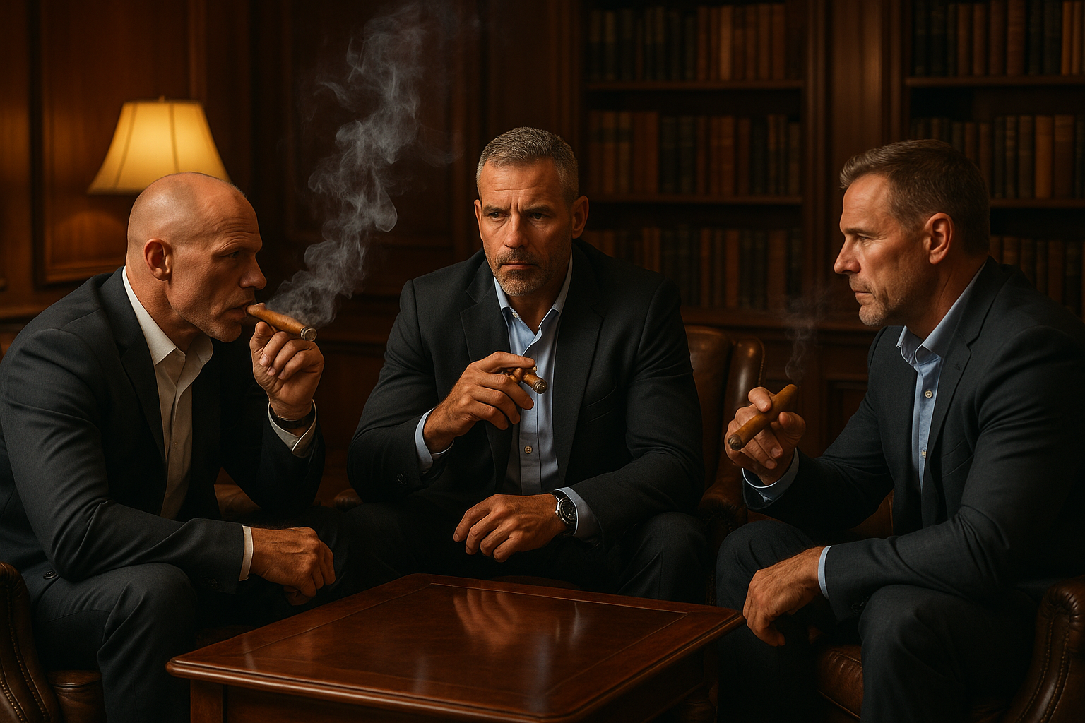 image of a few ex navy seal looking dudes smoking cigars and talking about their war days, nicely dressed, looking very masculine, fit, and smart